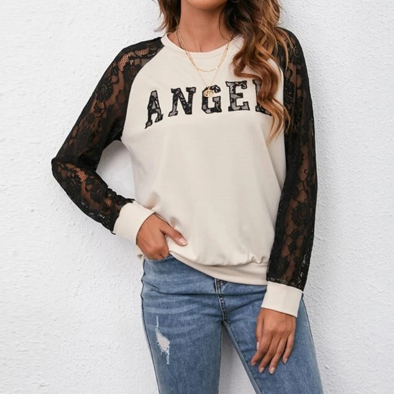 Women Custom Lace Stitching O Neck Casual Loose Women T-Shirt