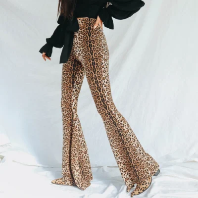 Pantalones largos elásticos cómodos de leopardo para mujer Pantalones de cintura alta estampados