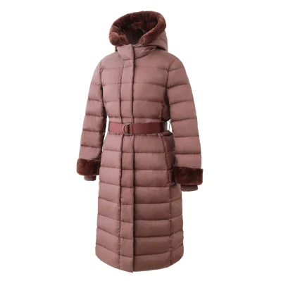 Chaqueta clásica de moda para mujer, abrigo de invierno de plumón Real/chaqueta de abrigo con capucha de piel sintética suave Popular con cinturón, puño de manga a prueba de viento