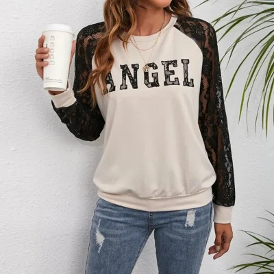 Camiseta suelta informal con cuello redondo y costura de encaje personalizada para mujer