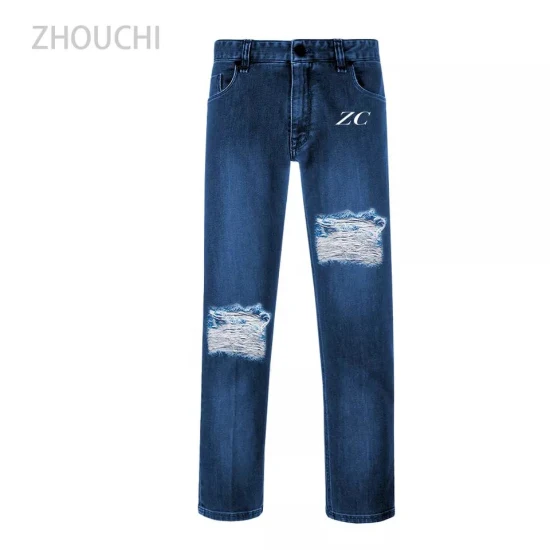 2023 Custom Men's Fitted Jeans 100% Algodón Washed Ripped Vintage Jeans Pantalones& Pantalones